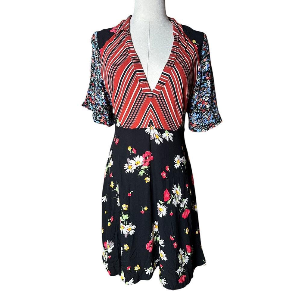Free People Mix It Up Printed Patchwork Stripe Floral‎ Mini Dress Hippie Boho 8